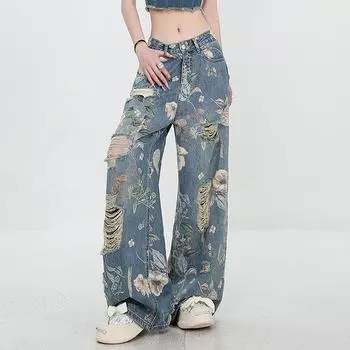Женская мода ретро личность потертый старый с высокой талией ретро свободные прямые джинсы L синий