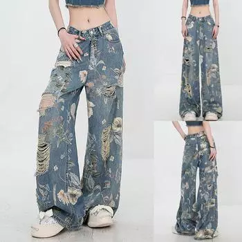 Женская мода ретро личность потертый старый с высокой талией ретро свободные прямые джинсы L синий