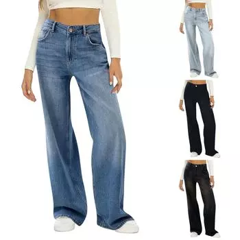 Женская мода ретро личность потертый старый с высокой талией ретро свободные прямые джинсы L чёрный