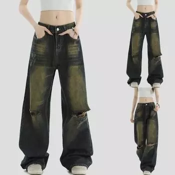 Женская мода ретро личность потертый старый с высокой талией ретро свободные прямые джинсы L тёмно-синий