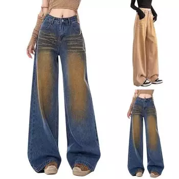 Женская мода ретро личность потертый старый с высокой талией ретро свободные прямые джинсы L синий