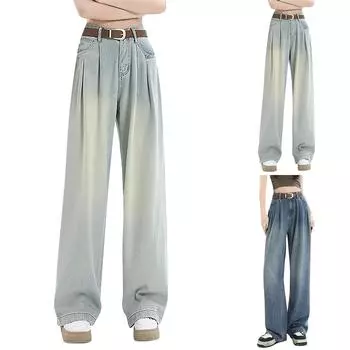 Женская мода ретро личность потертый старый с высокой талией ретро свободные прямые джинсы L синий
