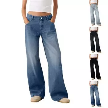 Женская мода ретро личность потертый старый с высокой талией ретро свободные прямые джинсы L чёрный