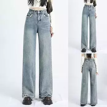 Женская мода ретро личность потертый старый с высокой талией ретро свободные прямые джинсы L синий