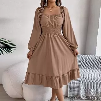 Женская мода ретро однотонная юбка-трапеция с длинным рукавом и квадратным вырезом пуловер платье L хаки