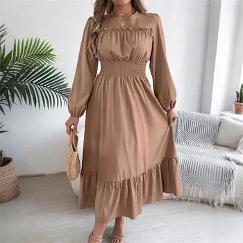 Женская мода ретро однотонный длинный рукав талия юбка А-силуэта круглый вырез платье-пуловер M хаки