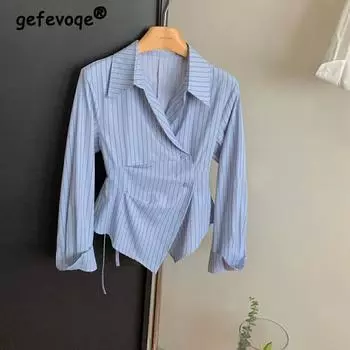 Женская мода ретро полосатый принт рюшами нерегулярный дизайн рубашки офис леди элегантный шнуровка блузка повседневный длинный рукав тонкий топ XXXL белый