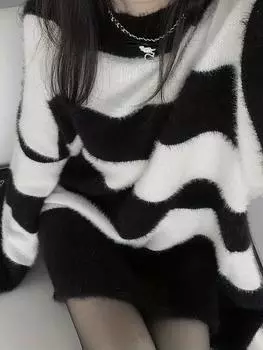 Женская мода ретро повседневный свободный черно-белый полосатый ленивый трикотажный пуловер свитер XXL чёрный