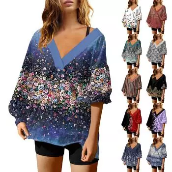 Женская мода ретро принтованный V-образный вырез длинный рукав свободный пуловер свитшот топ L тёмно-синий