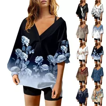 Женская мода ретро принтованный V-образный вырез длинный рукав свободный пуловер свитшот топ S