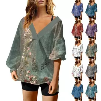 Женская мода ретро принтованный V-образный вырез длинный рукав свободный пуловер свитшот топ M