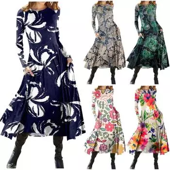 Женская мода ретро с цветочным принтом с круглым вырезом и длинным рукавом, облегающее платье средней длины L