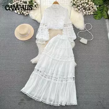 Женская мода ретро суд стиль воротник-фонарик полые кружева юбка высокая талия костюм M белый