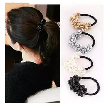 Женская мода Rhinestone Crystal Pearl Rope Elastic Ponytail Hair Band чёрный