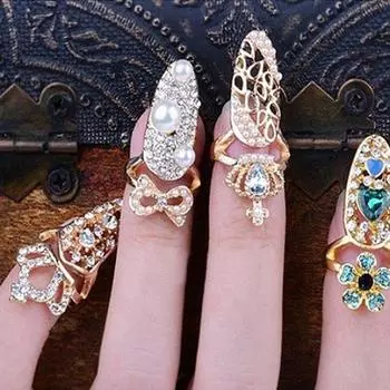 Женская мода Rhinestone Flower Crown Bowknot Finger Tip Nail Cover Ring 9