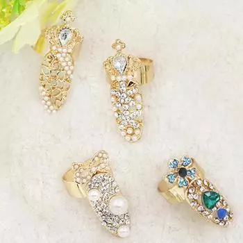 Женская мода Rhinestone Flower Crown Bowknot Finger Tip Nail Cover Ring 10