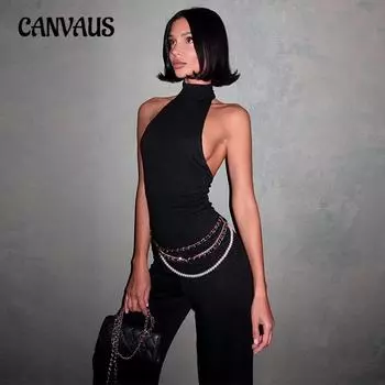 Женская мода Royal Sister Style Set Sexy Hottie Backless Hanging Neck Top Slim Long Micro Брюки Комплект из двух предметов S чёрный