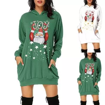 Женская мода Рождественская сумка с капюшоном с карманом и принтом с капюшоном Модное платье XXXL зелёный