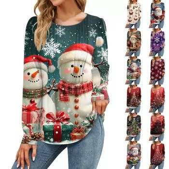 Женская мода Рождественские принтованные платья Осенние повседневные топы Длинные рукава рубашки Свободные пуловеры S