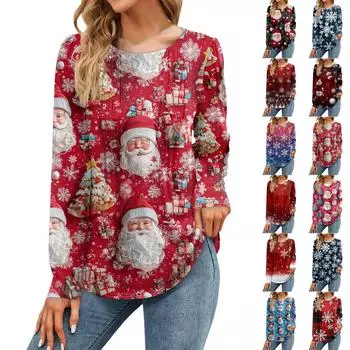 Женская мода Рождественские принтованные платья Осенние повседневные топы Длинные рукава рубашки Свободные пуловеры XXXL красный