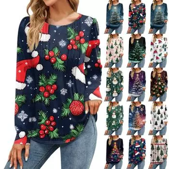 Женская мода Рождественские принтованные платья Осенние повседневные топы Длинные рукава рубашки Свободные пуловеры S