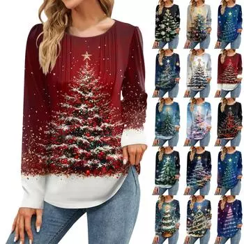 Женская мода Рождественские принтованные платья Осенние повседневные топы Длинные рукава рубашки Свободные пуловеры XL винный