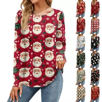 Женская мода Рождественские принтованные платья Повседневные топы Рубашки с длинным рукавом Свободные пуловеры L киноварь