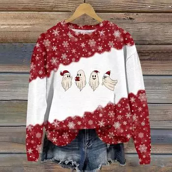 Женская мода рождественский принт длинный рукав свободный круглый вырез толстовка топ осень L