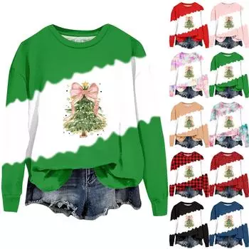 Женская мода рождественский принт длинный рукав свободный круглый вырез толстовка топ осень XXL чёрный