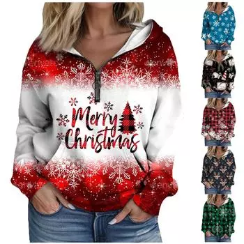 Женская мода рождественский принт длинный рукав свободный полумолния капюшон свитер с карманами XXXL