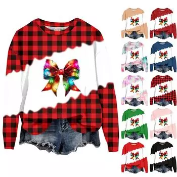 Женская мода рождественский принт длинный рукав свободный круглый вырез толстовка топ осень XXL чёрный