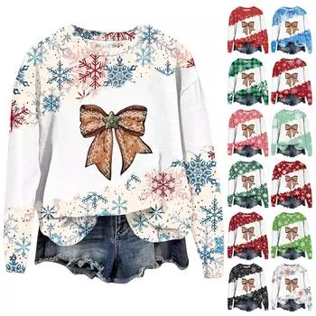 Женская мода рождественский принт длинный рукав свободный круглый вырез толстовка топ осень L