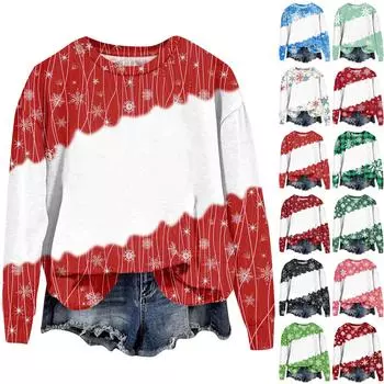 Женская мода рождественский принт длинный рукав свободный круглый вырез толстовка топ осень XXXXL