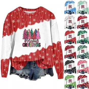 Женская мода рождественский принт длинный рукав свободный круглый вырез толстовка топ осень M синий
