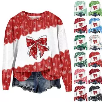 Женская мода рождественский принт длинный рукав свободный круглый вырез толстовка топ осень XXL