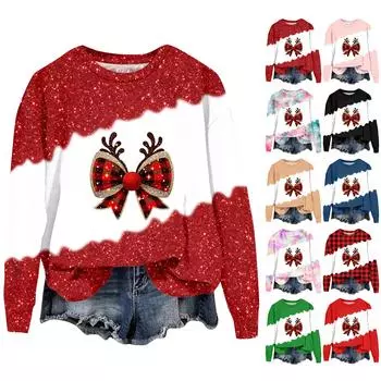 Женская мода рождественский принт длинный рукав свободный круглый вырез толстовка топ осень XXXXL красный