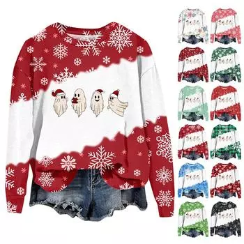 Женская мода рождественский принт длинный рукав свободный круглый вырез толстовка топ осень L