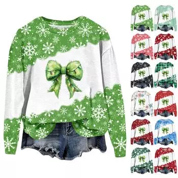 Женская мода рождественский принт длинный рукав свободный круглый вырез толстовка топ осень XL синий