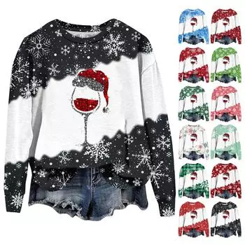 Женская мода рождественский принт длинный рукав свободный круглый вырез толстовка топ осень XXXXL бежевый