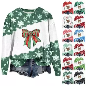 Женская мода рождественский принт длинный рукав свободный круглый вырез толстовка топ осень S