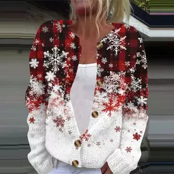 Женская мода рождественский принт длинный рукав вязаный кардиган пуховик L чёрный