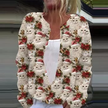 Женская мода рождественский принт длинный рукав вязаный кардиган пуховик L бежевый