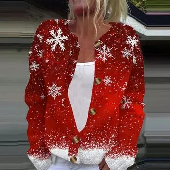 Женская мода рождественский принт длинный рукав вязаный кардиган пуховик XXL