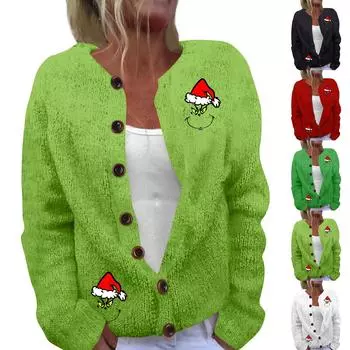 Женская мода рождественский принт длинный рукав вязаный кардиган пуховик M красный
