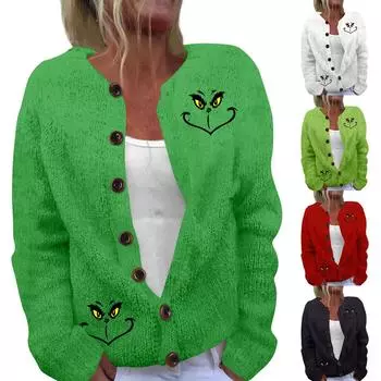 Женская мода рождественский принт длинный рукав вязаный кардиган пуховик M чёрный