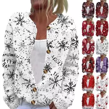 Женская мода рождественский принт длинный рукав вязаный кардиган пуховик L чёрный