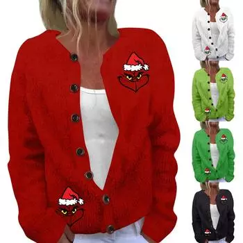 Женская мода рождественский принт длинный рукав вязаный кардиган пуховик L чёрный