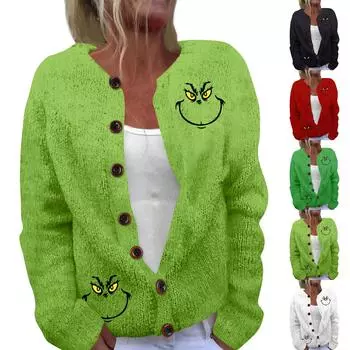 Женская мода рождественский принт длинный рукав вязаный кардиган пуховик L чёрный