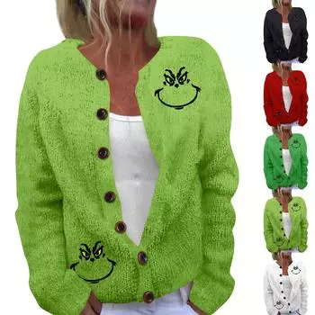 Женская мода рождественский принт длинный рукав вязаный кардиган пуховик L чёрный