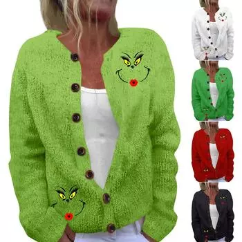 Женская мода рождественский принт длинный рукав вязаный кардиган пуховик L красный